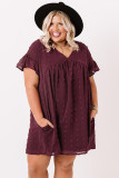 Wine Red Plus Size V Neck Ruffle Swiss Dot Mini Dress with Pocket