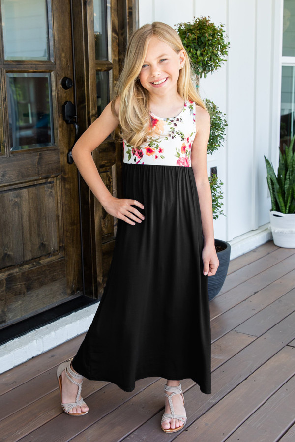 Black Crewneck Sleeveless Floral Patchwork Kids Maxi Dress