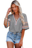 Gray Tassel Drawstring Embroidered Half Sleeve V Neck Top