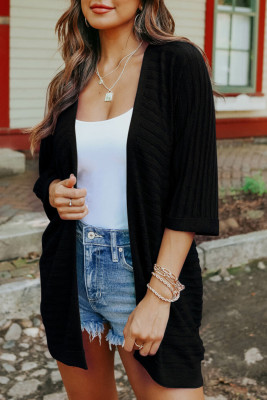 Black Ribbed Open Front Knit Cardigan