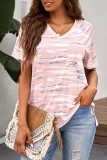 Pink V Neck Front Pocket Camo Tee
