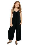Black Spaghetti Strap Wide Leg Girl's Jumpsuit with Pocket