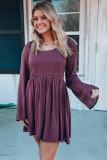 Purple Buttoned Sheer Lace Back Long Sleeve Dress
