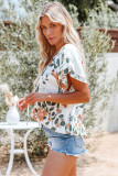 White Floral Print Buttons Tiered Ruffled Shot Sleeve Shirt