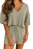Split V Neck Crop Top and Drawstring Shorts Waffle Knit Set