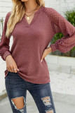 Lace Crochet Sleeves V Neck Waffle Knit Top