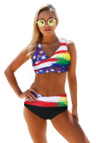 Multicolor Tie-dye Flag Print Wrap V Neck Lace-up Back Bikini