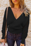 Black Sexy V Neck Surplice Hollow-out Sweater with Lace Sleeves