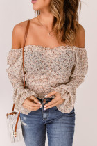 Apricot Frilled Off-shoulder Ruched Floral Top