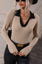Color Block Lapel Collar Flare Sleeves Knit Top