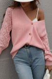 Hollow Out Sleeve Open Front Button Knit Cardigan