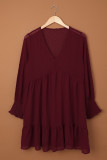 V-Neck Dotted Burgundy Empire Dress