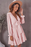 Pink Deep V Neck Lantern Sleeve Knotted Tiered Mini Dress