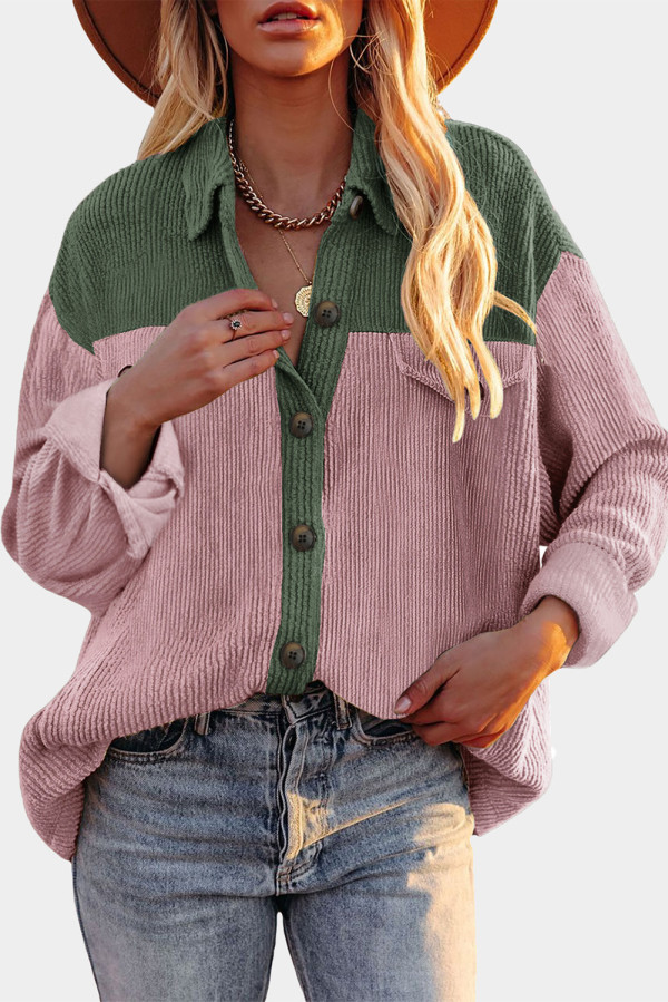 Army Green Buttoned Color Block Corduroy Jacket
