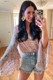 Pink Tiered Ruffled Bell Sleeve Floral Bodysuit