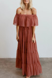 Rust Red Off Shoulder Ruffle Swiss Dot Maxi Dress