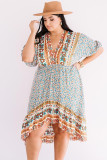 Plus Size Bohemian Floral Print Puff Sleeve Ruffle Dress