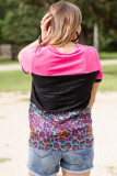 Rose Leopard Print Color Block Textured Plus Size T-shirt