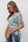 Green V Neck Front Pocket Camo Tee