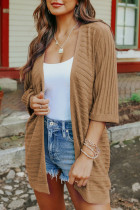 Brown Ribbed Open Front Knit Cardigan