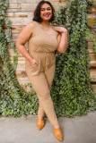 Apricot Ribbed Drawstring Waist Plus Size Sleeveless Jumpsuit