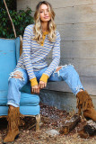 Striped Knit Button Neck Long Sleeve Top