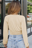 Beige Ruched Deep V Neck Long Sleeve Bodysuit