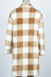 Brown Open Button Plaid Long Length Fleece Coat