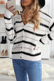 White V Neck Stripes Colorblock Button Cardigan