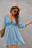 Sky Blue V Neck 3/4 Sleeve Bohemian Vintage Print Mini Dress