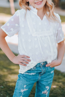 White Little Girl Swiss Dot Short Sleeve Flowy Top