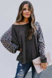 Gray Leopard Patch Ribbed Loose Long Sleeve Blouse
