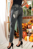 Gray Drawstring Elastic Waist Hole Ripped Jeans