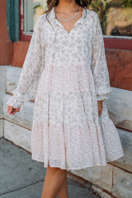 White Split Neck Floral Print Long Sleeve Swing Dress
