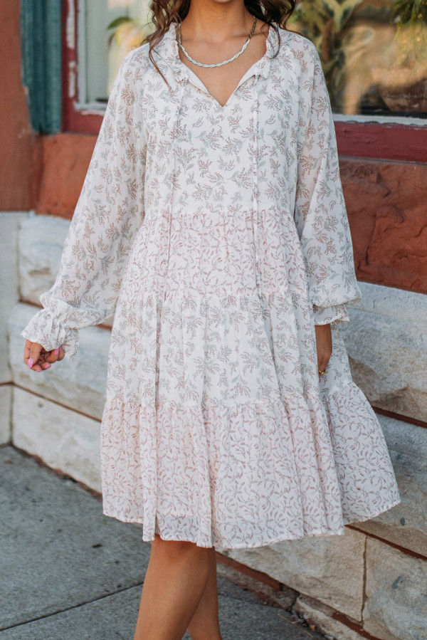 White Split Neck Floral Print Long Sleeve Swing Dress