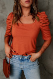 Orange Puff Sleeve Square Neck Ribbed Top