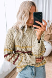 Khaki Striped Color Block Textured Knit Pullover Sweater