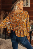 Brown Floral Print Bell Cuff V Neck Babydoll Blouse