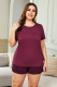 Red Plus Size Solid T-shirt and Striped Shorts Lounging Set