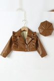 Side Zipper and Snap Button Ruffles Girl PU Crop Jacket with Hats 2pcs Set