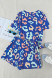 Light Blue Leopard Tee and Drawstring Shorts Lounge Set