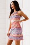 Purple Bicolor Bohemian Print Keyhole Front Dress
