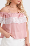 Pink Off Shoulder Lace Patchwork Plus Size Short Sleeves Top