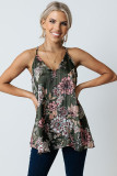 Green Floral Print V Neck Spaghetti Strap Tank Top