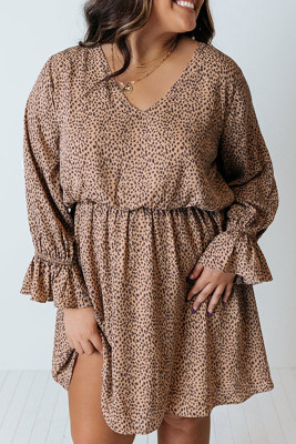 Khaki Plus Size Ruffled Long Sleeve Animal Spotted Print Dress