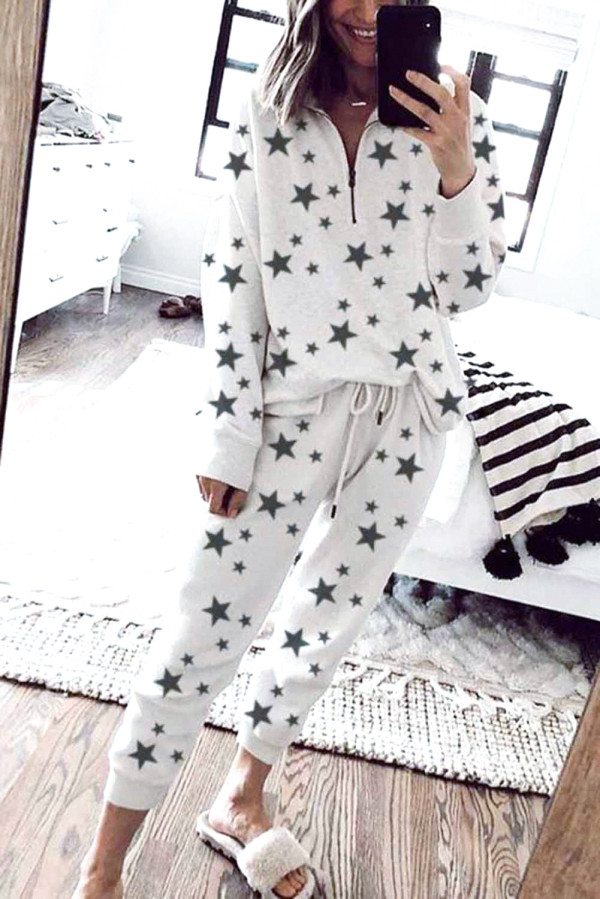 Star Print Zipper Collar Long Sleeve Top and Jogger Loungewear Set