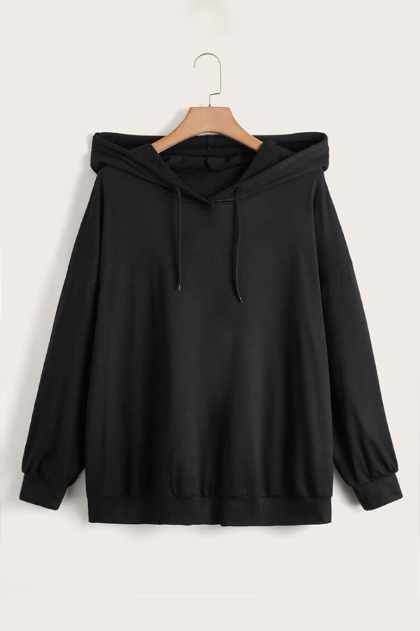 Black Plus Size Drawstring Hoodie Sweatshirt