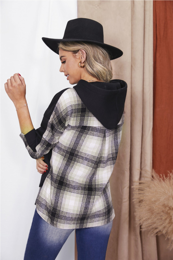 Black Plaid Patchwork Long Sleeve Hoodies