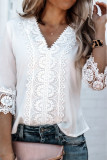 White 3/4 Sleeves Crochet Detail V Neck Blouse