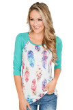Green Feather Print 3/4 Raglan Sleeve Top